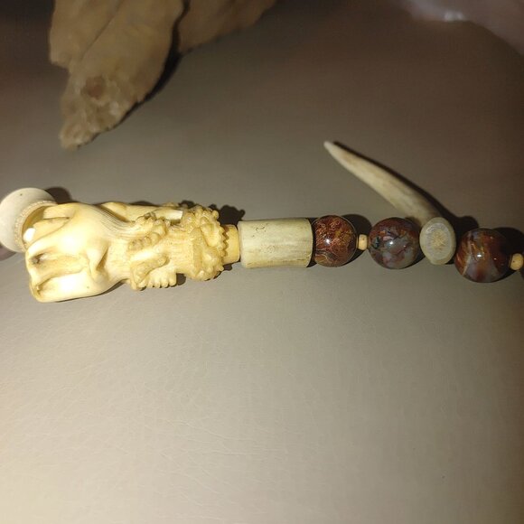 Antique Agate Bead Necklace Carved Antler Pendant Deer Elk Artisan Craft Rustic - Picture 12 of 16
